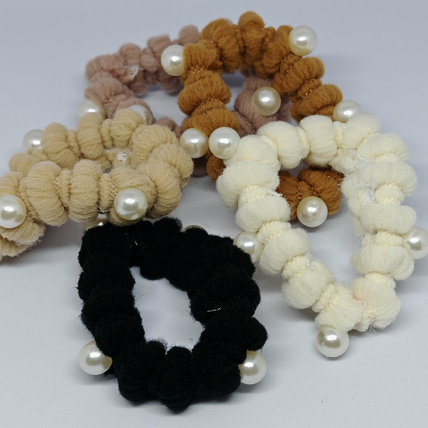 Set of four hair scrunchies with pearls