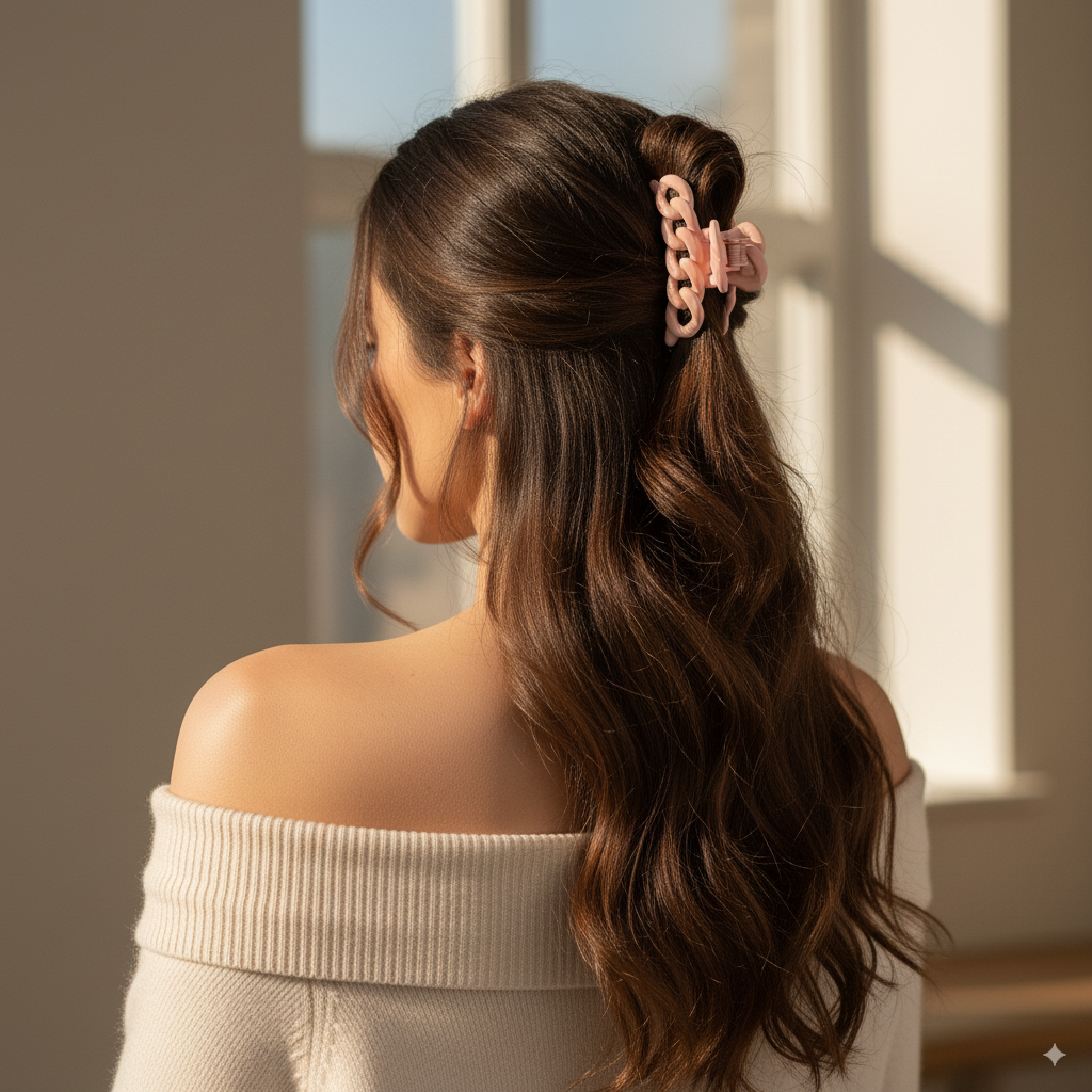 chain design hair clip in hair