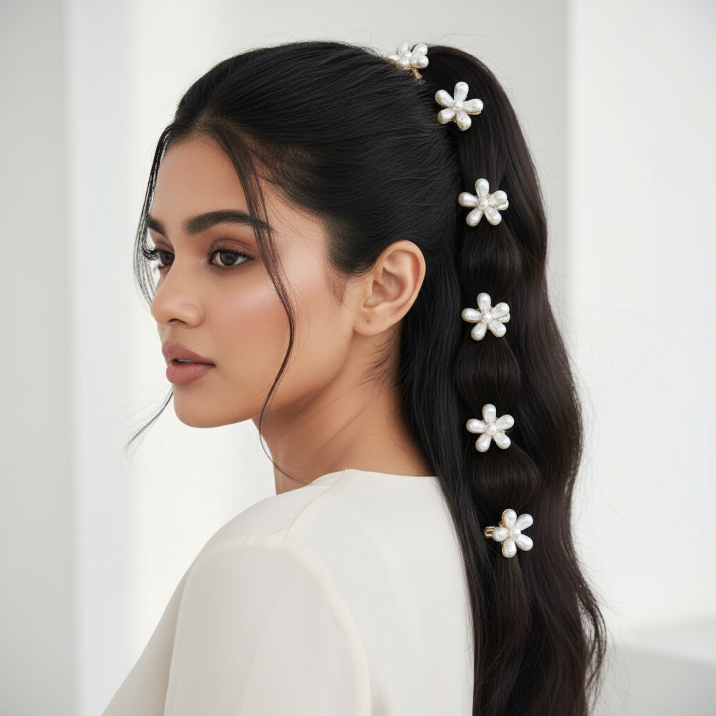 Korean Pearl Hair Claw Clips Set of 12 | Elegant Bridal Floral Hair Accessories for Women & Girls