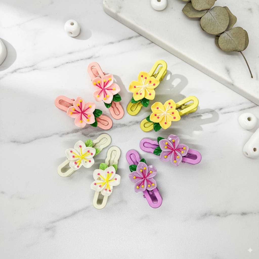 Set of colorful floral hair clips on a marble surface