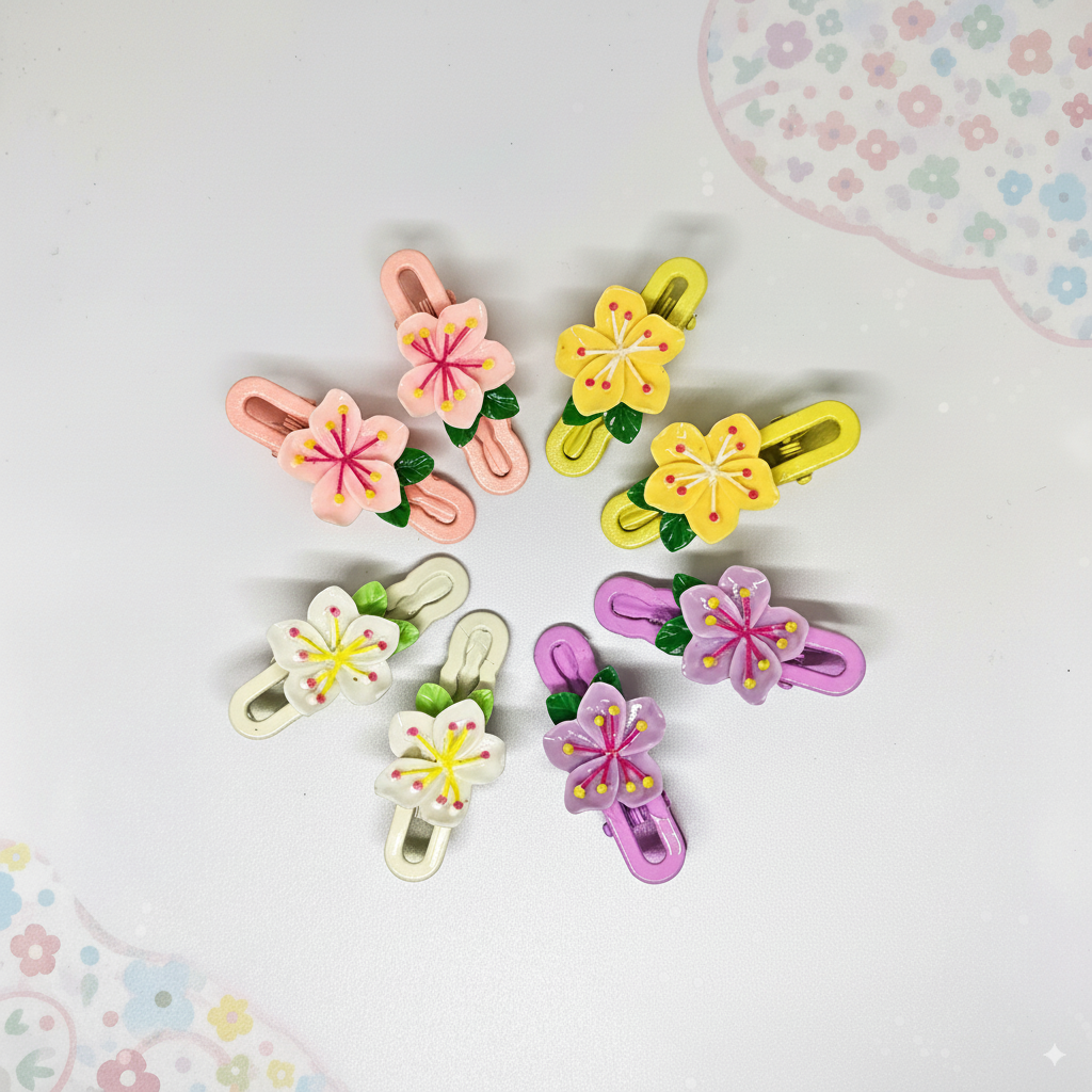 Set of colorful flower-shaped hair clips on a light background