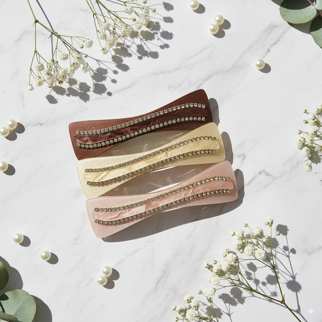 Marble Finish Hair Clips with Stone – Pack of 3