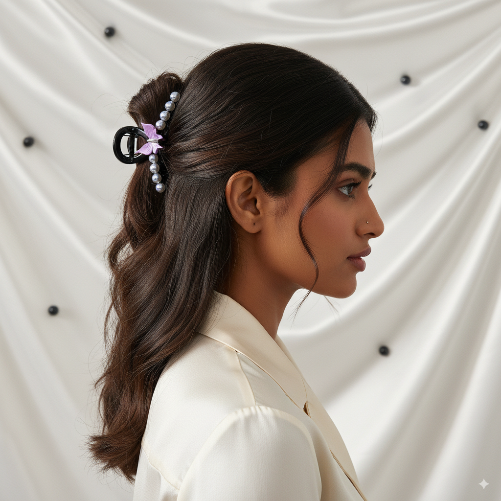 fancy hair clip with pearl in hair