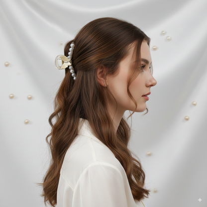 fancy hair clip with pearl in hair