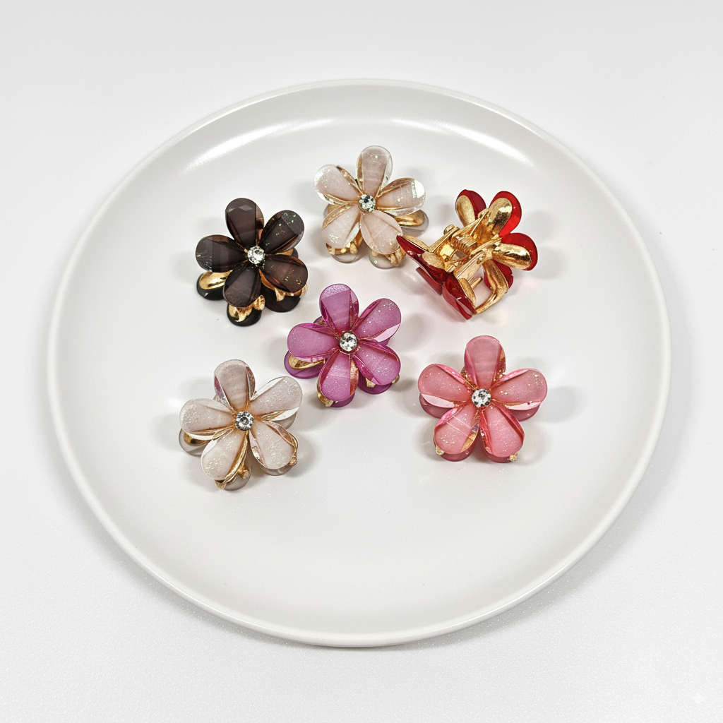 Set of colorful flower-shaped hair clips on a white plate