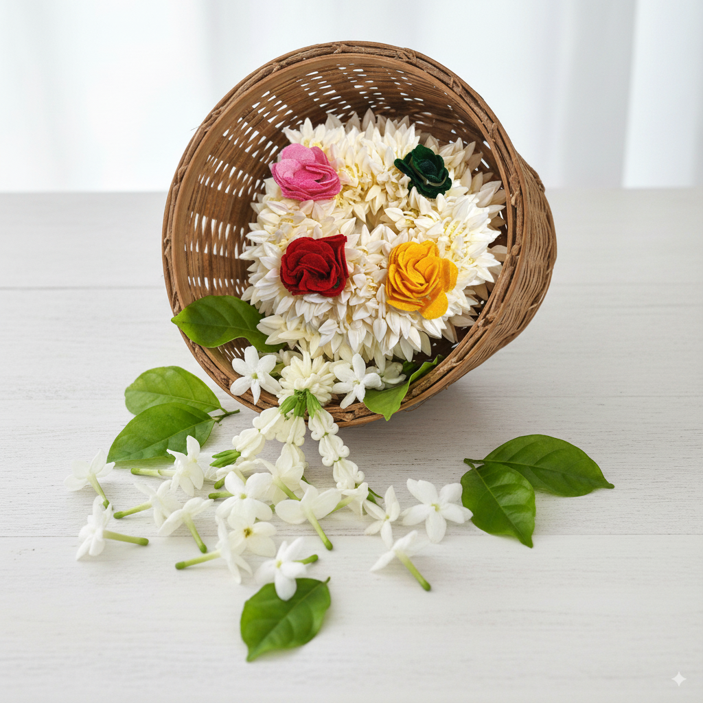 mogra scented gajra with 4 mutlicolor clower hair scrunchies