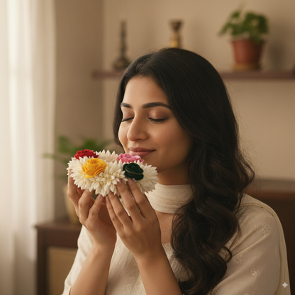 mogra scented gajra with 4 mutlicolor clower hair scrunchies