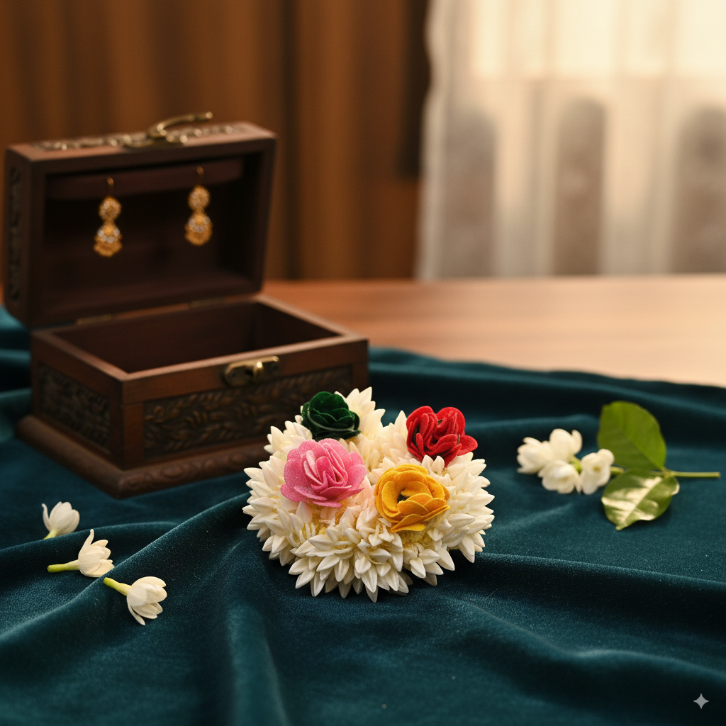 mogra scented gajra with 4 mutlicolor clower hair scrunchies