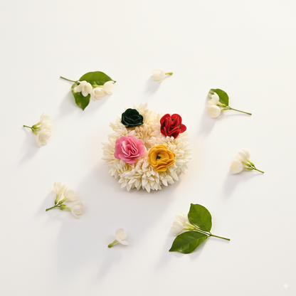 mogra scented gajra with 4 mutlicolor clower hair scrunchies