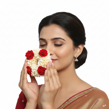 mogra scented gajra with 4 red rose hair scrunchies