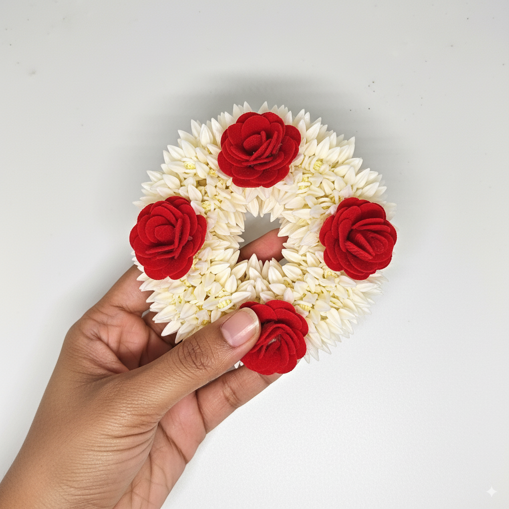 mogra scented gajra with 4 red rose hair scrunchies