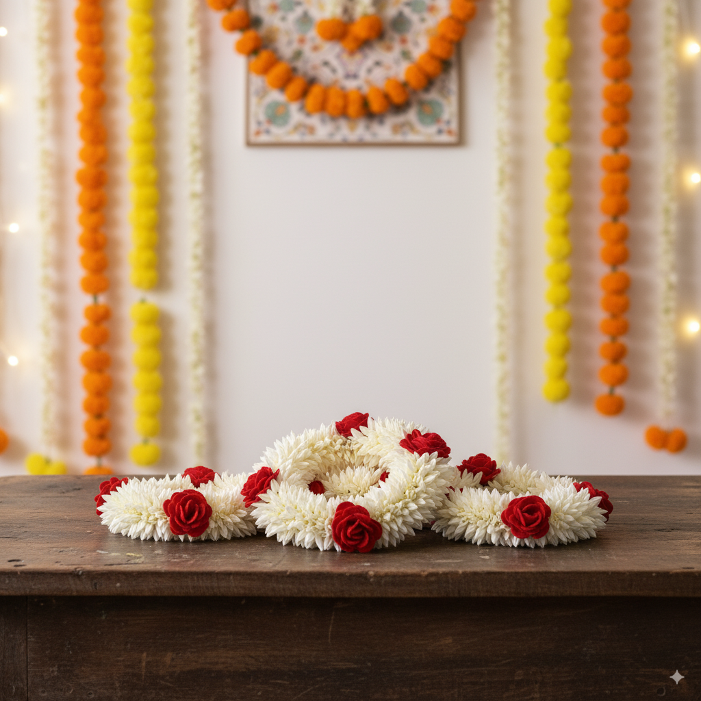 mogra scented gajra with 4 red rose hair scrunchies