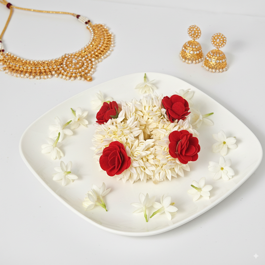 mogra scented gajra with 4 red rose hair scrunchies